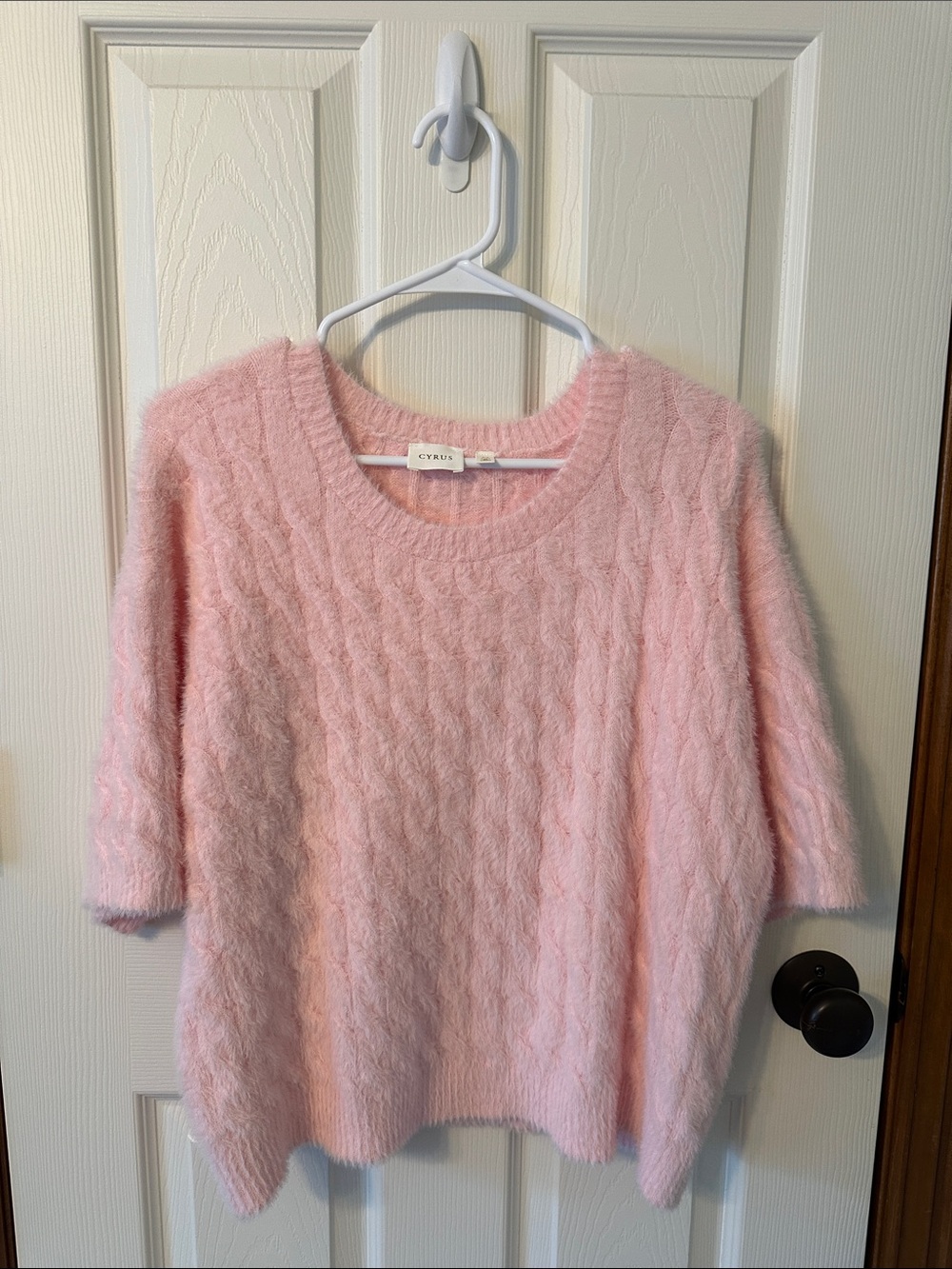 Cyrus Pastel Pink Fuzzy Cable-Knit Crew Sweater